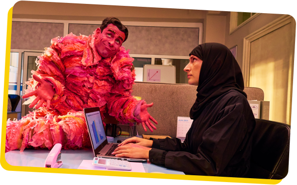 Personification of atopic dermatitis interrupting the workday of a person with atopic dermatitis